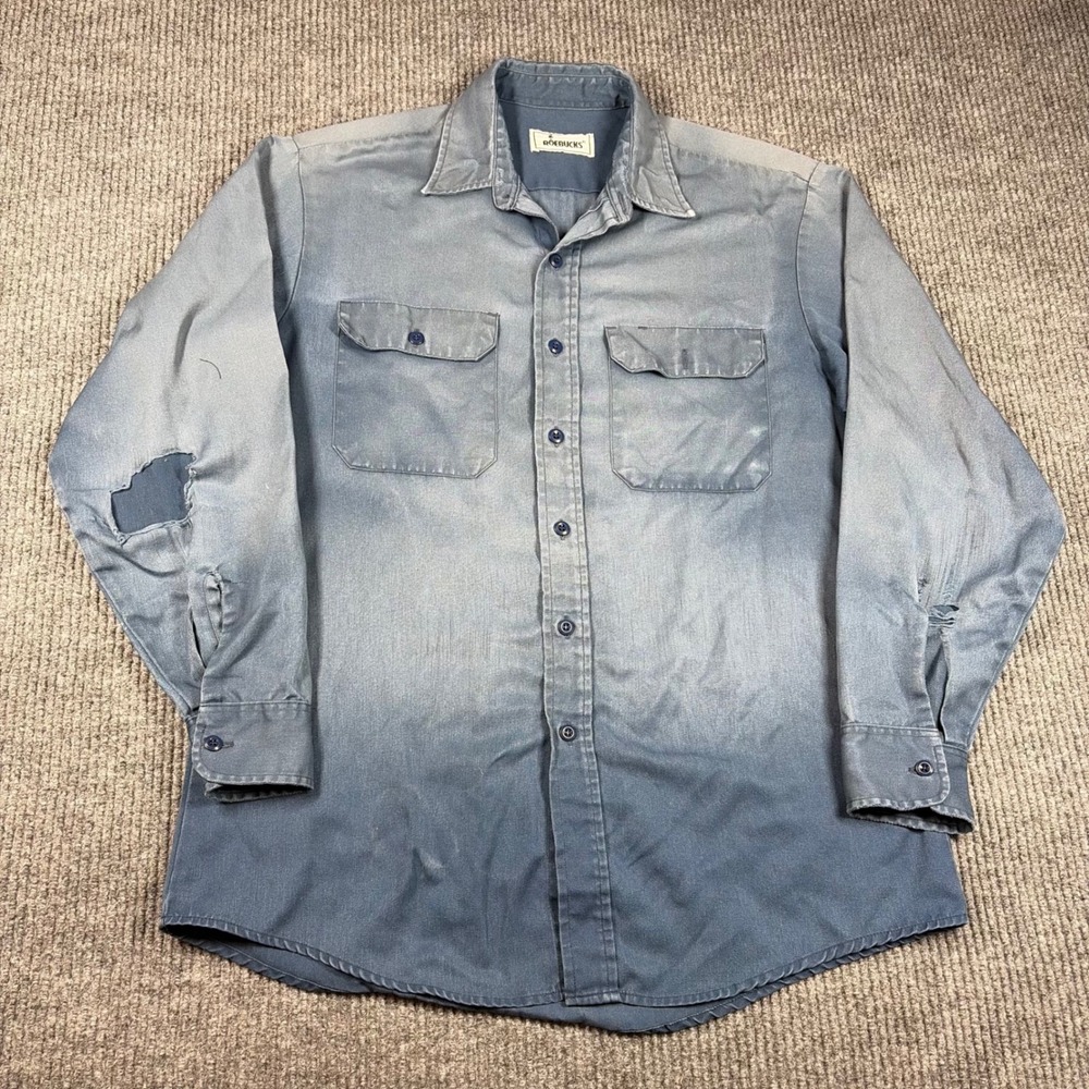 Vintage Roebucks Shirt Womens M Blue Work‎ Faded Distressed Long Sleeve Button